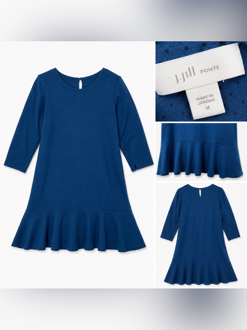 J. Jill 3/4 Sleeve Ruffle Hem Aegean Blue Dotted Ponte Knit Dress Size M